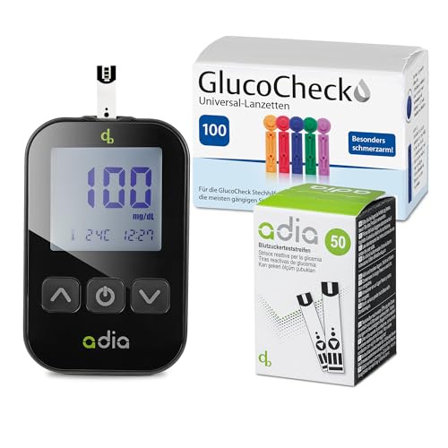 adia Glucómetro (mg/dl) + 60 tiras reactivas de glucosa en sangre + 110 lancetas maxi...