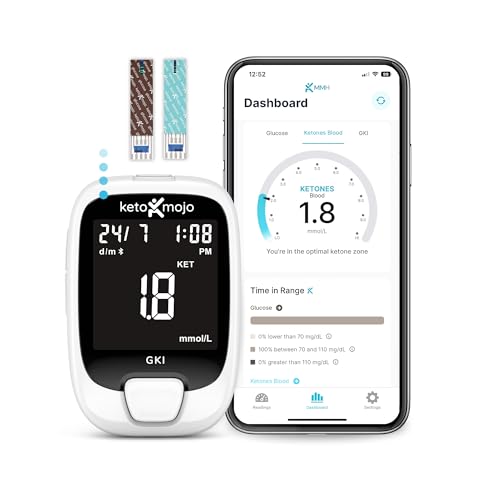 KETO-MOJO GKI Kit Bluetooth de prueba de glucosa y cetonas (mg/dL) + APP gratuita, 20...