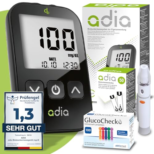 adia Glucómetro (mg/dl) + 60 tiras reactivas de glucosa en sangre + 110 lancetas maxi...